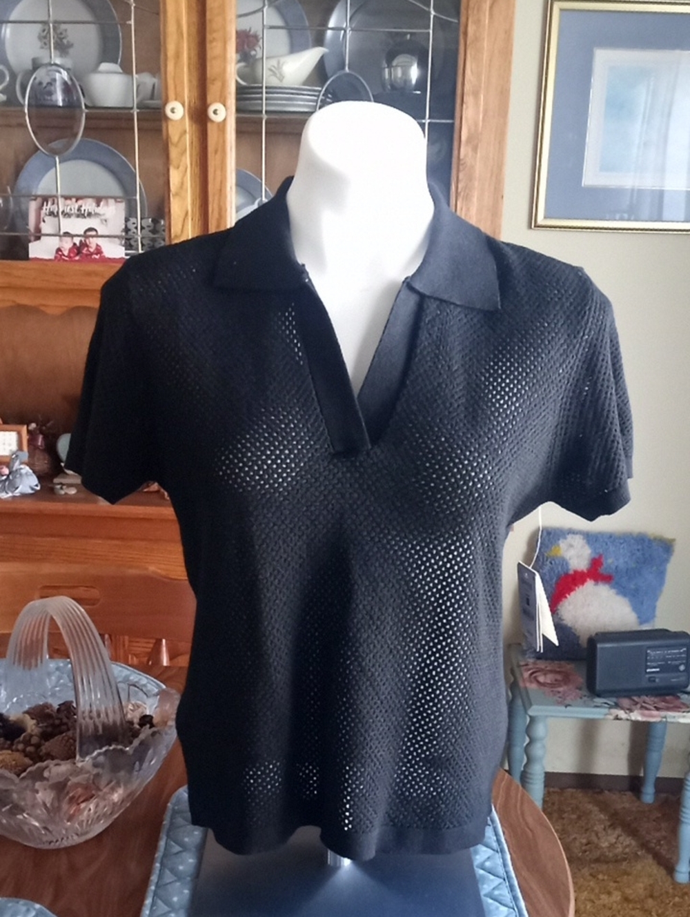Ardene Black Short-Sleeve Open Knit Polo Top